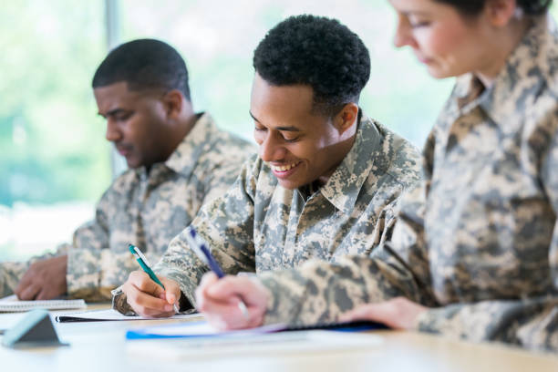 istock Cheerful military cadets taking notes in military academy 962642224