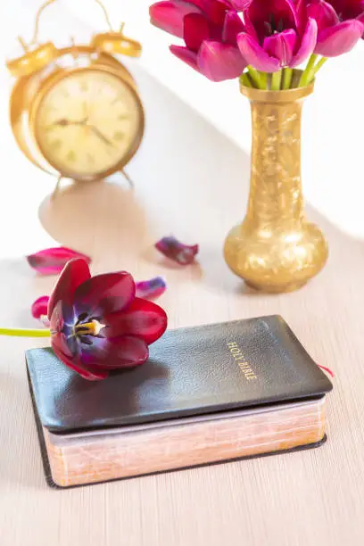 Holy Bible and old gold alarm clock with flowers on wooden table background. Focus on flower over bible.