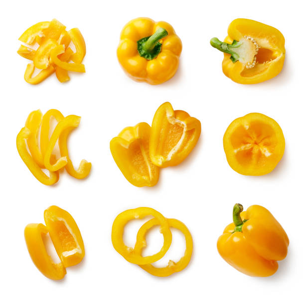 신선한 고 슬라이스 달콤한 고추의 세트 - yellow bell pepper 뉴스 사진 이미지