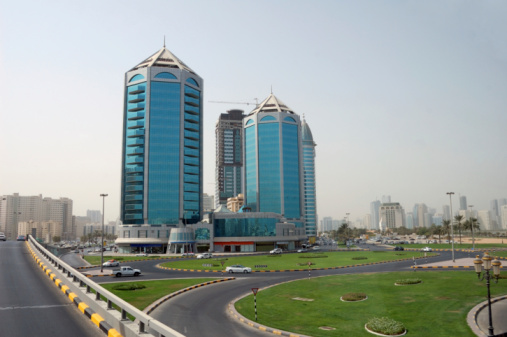 Dubai, United Arab Emirates - May 31, 2022: a public parking and helicopter landing pad along UAE Al Mustaqbal Street.