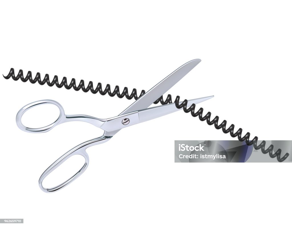 Wire with scissors isolated on white. Realistic vector 3d illustration Phone Cord stock vector