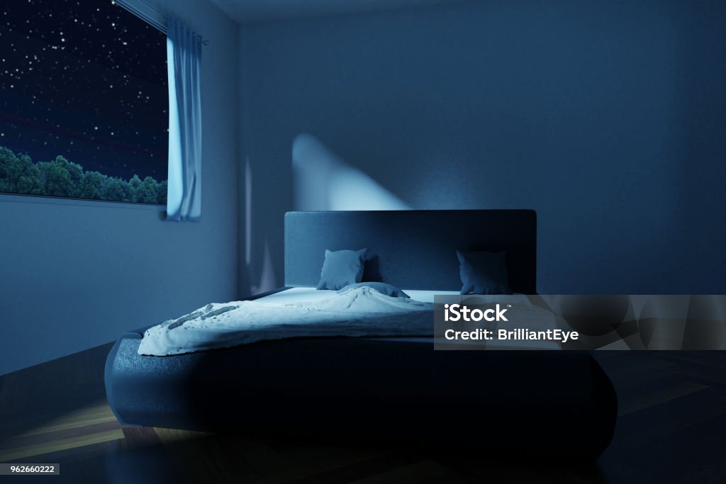 3D-Rendering des Schlafzimmers mit unbefestigten und zerwühlten Bett in der Nacht der Sterne - Lizenzfrei Nacht Stock-Foto