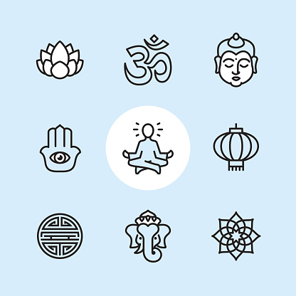 Asia symbols / 9 Outline style Pixel Perfect icons / Set #12

First row of outline icons contains: 
Lotus flower, Om symbol, Buddha.

Second row contains: 
Hamsa symbol, Lotus Position (Guru Meditation), Chinese Lantern.

Third row contains: 
Shou character, Ganesha, Mandala.


Pixel Perfect Principle - all the icons are designed in 64x64px grid, outline stroke 2px. Complete 