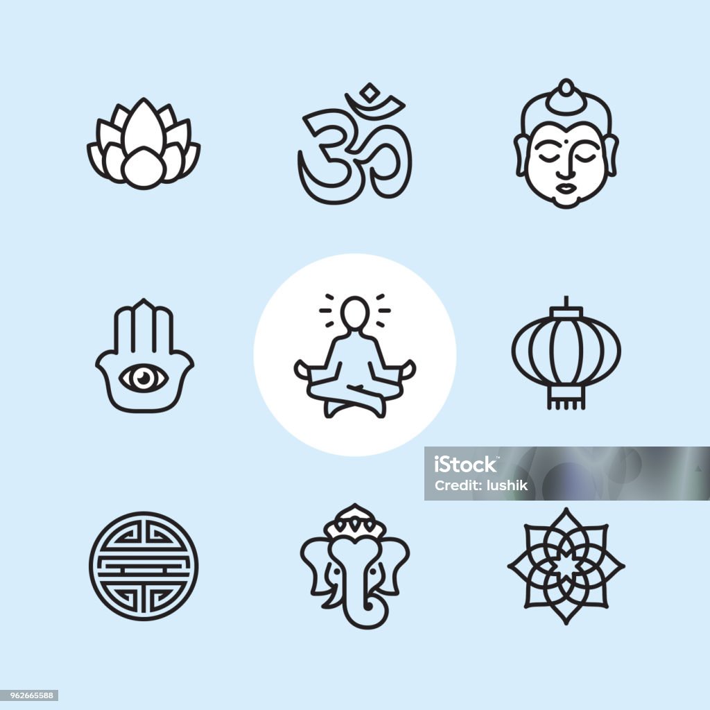 Asia theme - outline icon set Asia symbols / 9 Outline style Pixel Perfect icons / Set #12

First row of outline icons contains: 
Lotus flower, Om symbol, Buddha.

Second row contains: 
Hamsa symbol, Lotus Position (Guru Meditation), Chinese Lantern.

Third row contains: 
Shou character, Ganesha, Mandala.


Pixel Perfect Principle - all the icons are designed in 64x64px grid, outline stroke 2px. Complete "Outline 3x3 Blue" collection - https://www.istockphoto.com/collaboration/boards/eKCvfOhp3E-XZOE0AIzWqg Logo stock vector