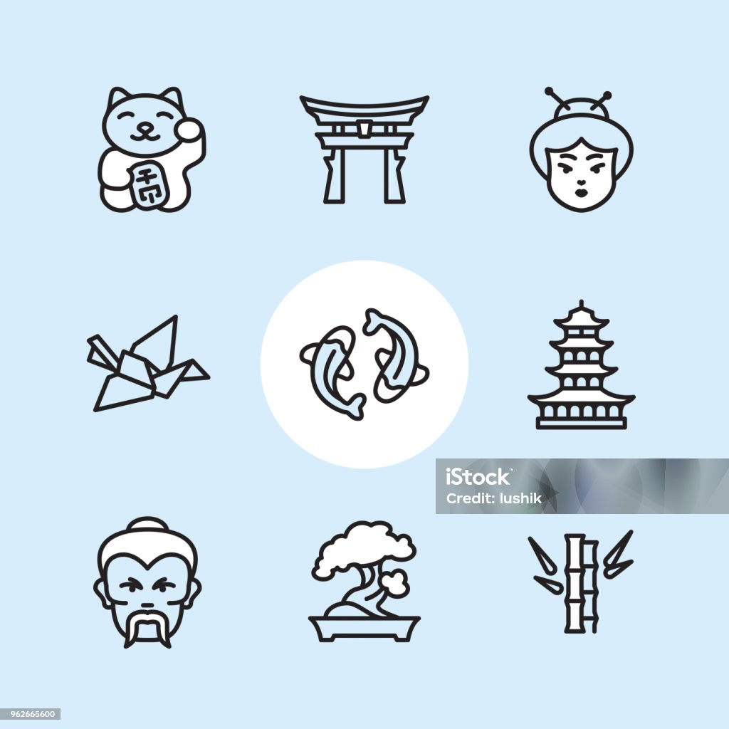 Japan theme - outline icon set Japan / 9 Outline style Pixel Perfect icons / Set #11

First row of outline icons contains: 
Maneki neko (Beckoning cat), Shinto, Japanese woman.

Second row contains: 
Origami Crane, Koi carp, Pagoda.

Third row contains: 
Sensei, Bonsai Tree, Bamboo.


Pixel Perfect Principle - all the icons are designed in 64x64px grid, outline stroke 2px. Complete "Outline 3x3 Blue" collection - https://www.istockphoto.com/collaboration/boards/eKCvfOhp3E-XZOE0AIzWqg Icon Symbol stock vector