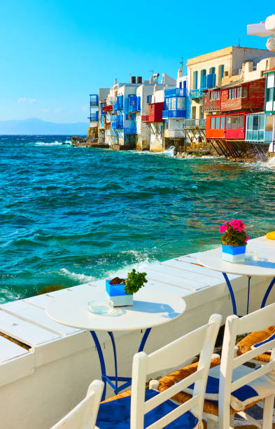 Mykonos, Greece - June 29: Pepole at Little Venice seaside restaurant on June 29, 2012 in Mykonos, Greece. Here the buildings have been constructed right on the sea's edge with their balconies overhanging the water.