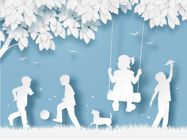 ilustrações de stock, clip art, desenhos animados e ícones de silhouette of happy children playing. paper cut style - nature play illustrations