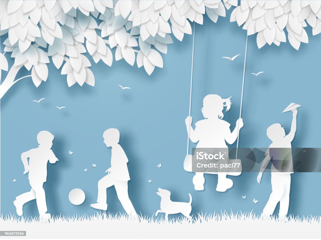 Silhouette of Happy Children Playing. Paper cut style Child stock vector