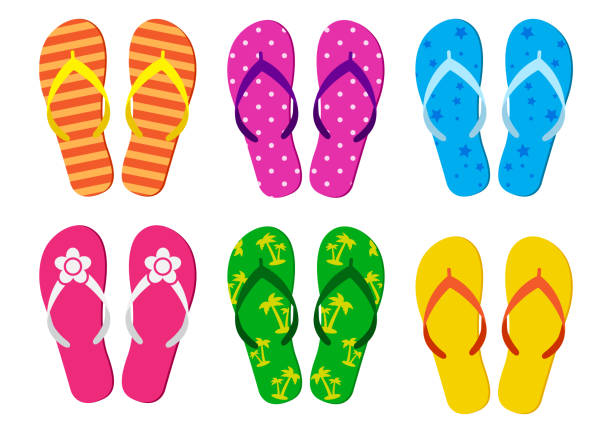 bunte reihe des sommers flip-flops. vektor-illustration - salzwasser sandalen stock-grafiken, -clipart, -cartoons und -symbole