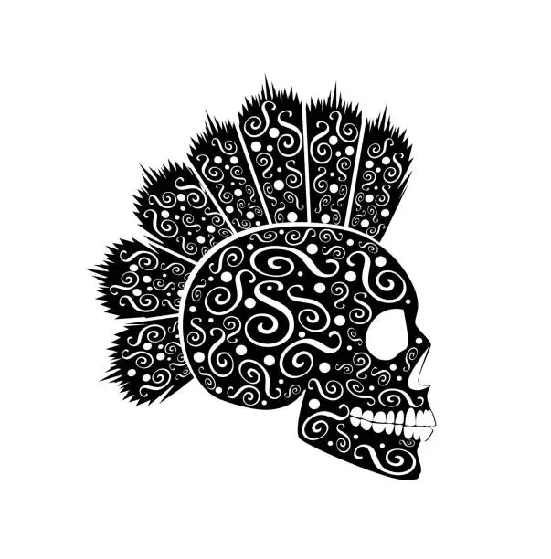 Vector illustration of Punk skull icon with Mohawk and ornament details
