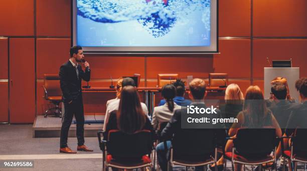 Public Speaker At Science Convention Stock Photo - Download Image Now - Conference - Event, Convention Center, Presentation - Speech