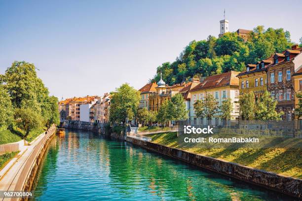 Waterfront Of Ljubljanica River And Old Castle Ljubljana Slovenia Stock Photo - Download Image Now