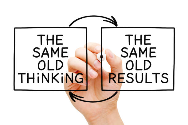 The Same Old Thinking The Same Old Results Hand writing The Same Old Thinking, The Same Old Results with marker on transparent wipe board isolated on white. Routine stock pictures, royalty-free photos & images