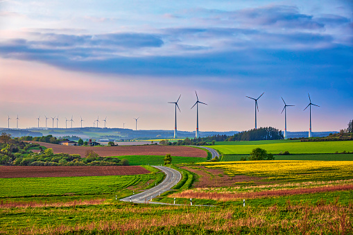 winding road in a rural landscape with the wind turbines on a horizon
