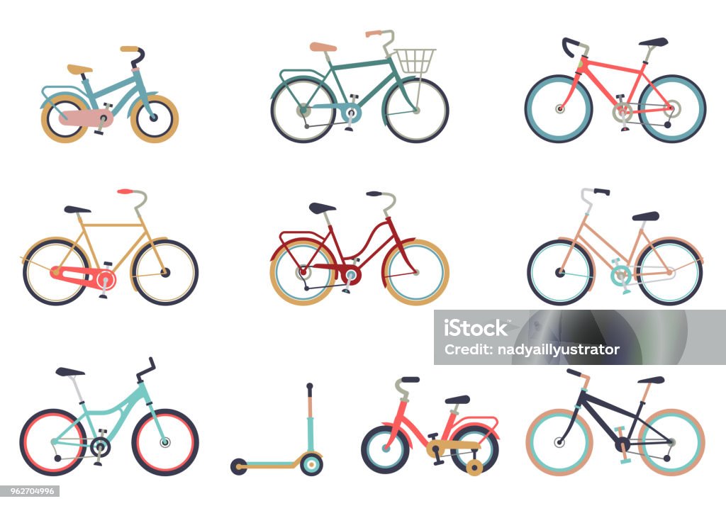 Set van fietsen in een vlakke stijl geïsoleerd op een witte achtergrond. Fiets voor man, vrouw, jongen, meisje. Fiets pictogram vector. - Royalty-free Fiets vectorkunst