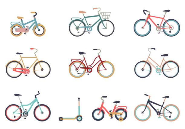 ilustrações de stock, clip art, desenhos animados e ícones de set of bicycles in a flat style isolated on white background. bike for man, woman, boy, girl. bike icon vector. - bicycle pedal