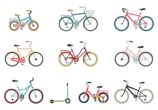 Set of bicycles in a flat style isolated on white background. Bike for man, woman, boy, girl. Bike icon vector. Set of bicycles in a flat style isolated on white background. Bike for man, woman, boy, girl. Bike icon vector. Different bicycles with a basket, travel and touring bicycle, white tires, carbon wheels cycling stock illustrations