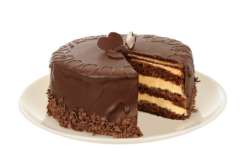 Tasty chocolate cake isolated on white background. Birthday cake with chocolate heart