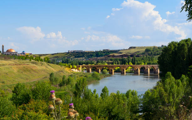 vista de histórica ponte dez olhos de diyarbakir, turquia (na gozlu kopru) - fog old stone bridge - fotografias e filmes do acervo