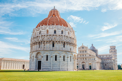 Pisa Baptistery of St. John and Cathedral and Leaning Tower of Pisa in Italy
