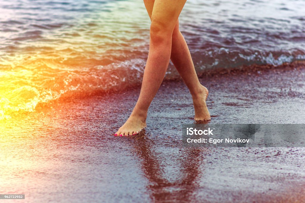 A girl walks along the seashore at sunset time Adult Stock Photo