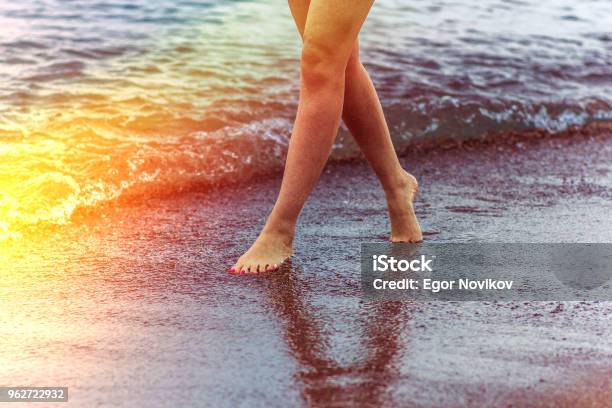 A Girl Walks Along The Seashore At Sunset Time Stock Photo - Download Image Now - Adult, Back, Barefoot