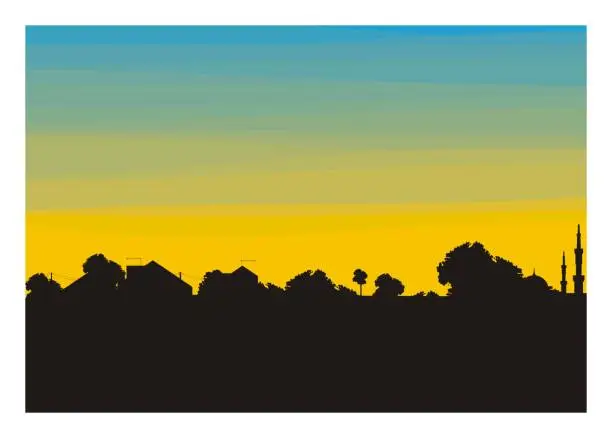 Vector illustration of trees and home building silhouette