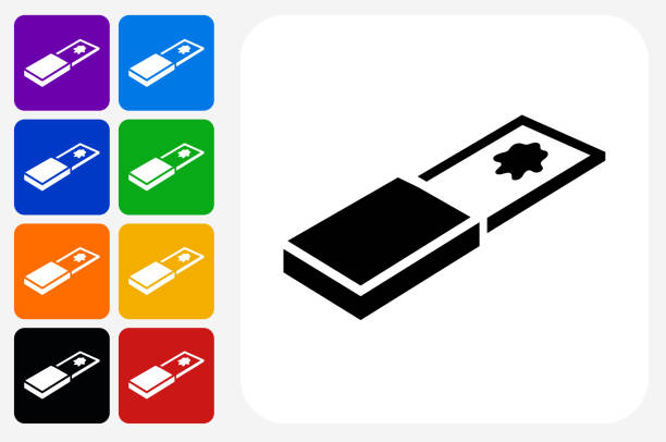 유리 슬라이드 아이콘 스퀘어 버튼 세트 - microscope slide stock illustrations
