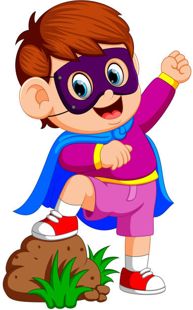 Cartoon kid playing a superhero illustration of Cartoon kid playing a superhero boy getting dressed for school stock illustrations