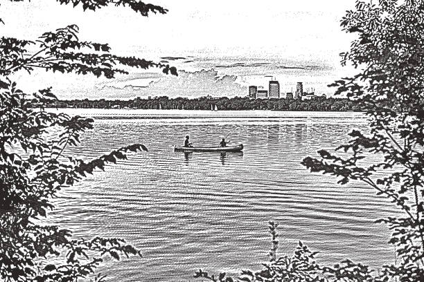 ilustraciones, imágenes clip art, dibujos animados e iconos de stock de piragüismo y pesca en un lago de minneapolis. lago calhoun - canoeing canoe minnesota lake