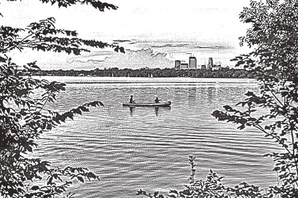 カヌーやミネアポリス湖で釣り。湖カルフーン - canoeing canoe minnesota lake点のイラスト素材／クリップアート素材／マンガ素材／アイコン素材