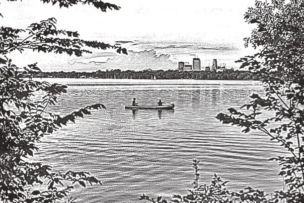 Vector illustration of Canoeing and fishing on a Minneapolis lake. Lake Calhoun