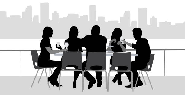 Rooftop Lunch With Friends Group of friends on an outdoor patio enjoying food and drinks lunch silhouettes stock illustrations