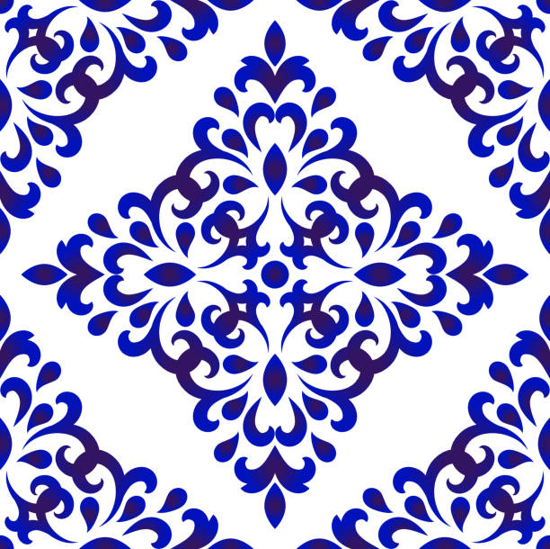꽃 타일 원활한 패턴 - textile blue leaf paisley stock illustrations