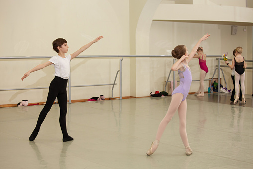 children ballet dancers rehearse a theatrical performance