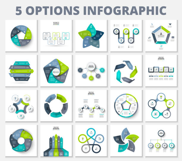 ilustrações de stock, clip art, desenhos animados e ícones de vector bundle infographics elements. business template presentations. circles, pentagons, arrows and other abstract elements with 5 steps, options, parts or processes. - pentagon