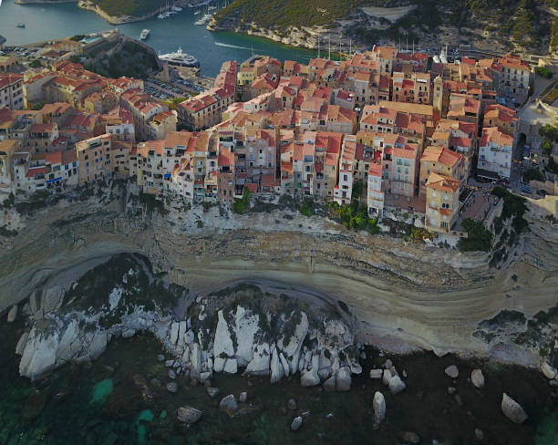 Bonifacio, Corsica, France Aerial photograph of Bonifacio port in South of Corsica. Harbour. Limestone cliffs. Fortress. bonifacio stock pictures, royalty-free photos & images