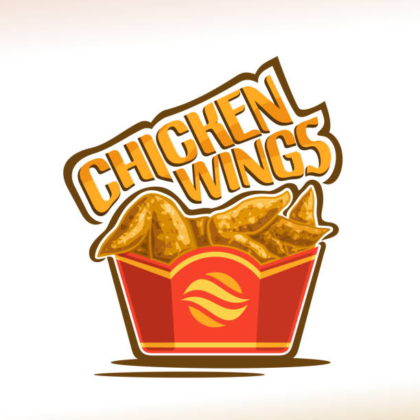 Vector label for Chicken Wings Vector label for Chicken Wings, poster with crispy kentucky fried poultry in red carton box, original typeface for words chicken wings, illustration of label on white for american fastfood cafe menu. breaded stock illustrations