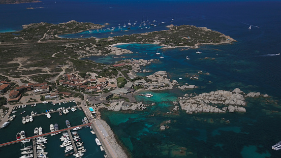 Aerial photograph of Isola di Cavallo -an alienated island in Mediterranian Sea situated between Sardinia and Corsica. It is a holiday destination and has only one hotel, restaurant and pivate villas.