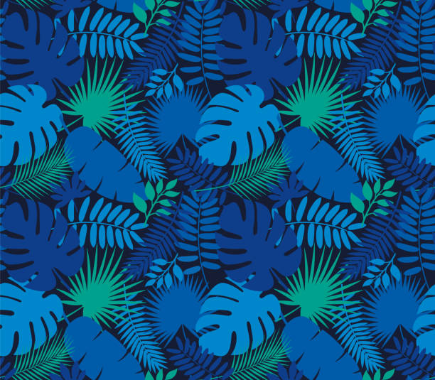 illustrations, cliparts, dessins animés et icônes de feuille tropique seamless pattern bleu indigo foncé - culture hawaïenne