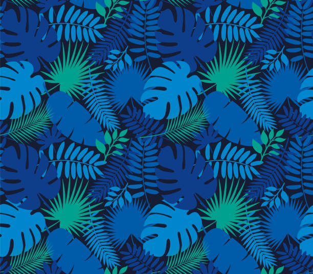 tropikalny liść bezszwowy wzór w kolorze dark indigo blue - backgrounds tropical climate repetition pattern stock illustrations