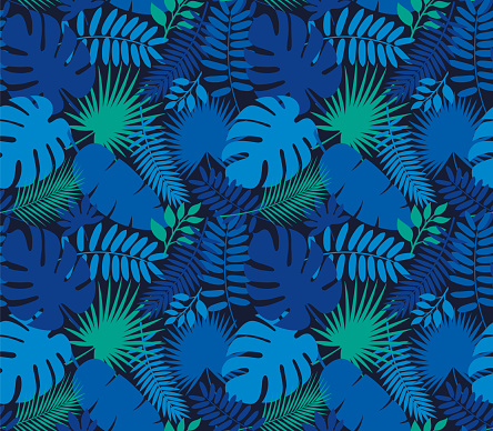 Tropical Leaf Seamless Pattern in Dark Indigo Blue - Illustration