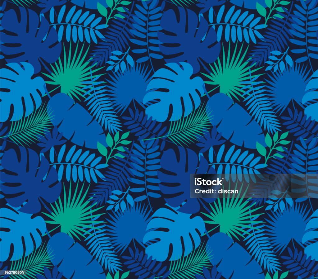 Tropical Leaf Seamless Pattern in Dark Indigo Blue Tropical Leaf Seamless Pattern in Dark Indigo Blue - Illustration Pattern stock vector
