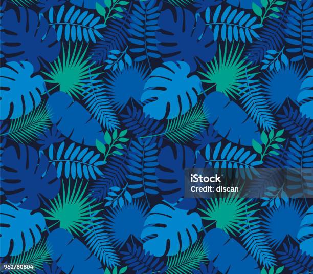 Tropical Leaf Seamless Pattern In Dark Indigo Blue Stock Illustration - Download Image Now - Pattern, Leaf, Tropical Climate