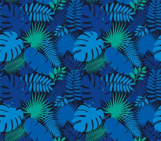 Vector illustration of Tropical Leaf Seamless Pattern in Dark Indigo Blue