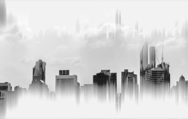 istock Abstract modern buildings background, black and white 962781100
