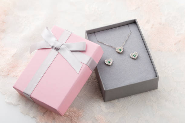 istock pink and gray gift box for jewelry set with bow on lace background 962782604