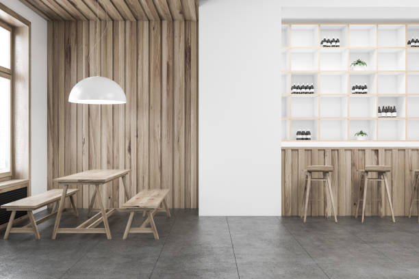 istock Wooden bar interior with shelves 962786598