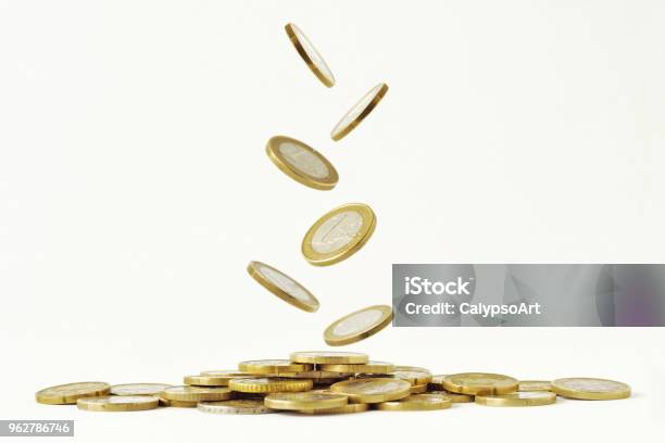 Falling Euro Coins On White Background Stock Photo - Download Image Now - Currency, Coin, Falling