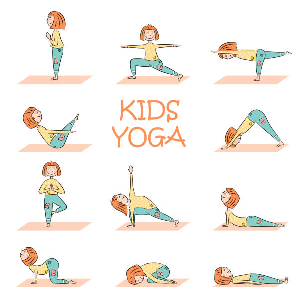 ilustraciones, imágenes clip art, dibujos animados e iconos de stock de yoga niños con chica linda de la historieta - yoga posture dog cobra